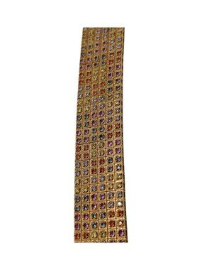 Gold-tone 1" wide, Multi-row Rainbow Rhinestone Bracelet 7" Flexible Elegant